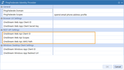 The Pingfederate Identity Provider dialog box has a grid with row headings that have a blue background with blue text and can be expanded to display fields with a white background and black text. In this example, in the REST API Settings section, OneStream Web Api Client ID, OneStream Web Api Scopes, and OneStream Web Api JWKS Path are highlighted.